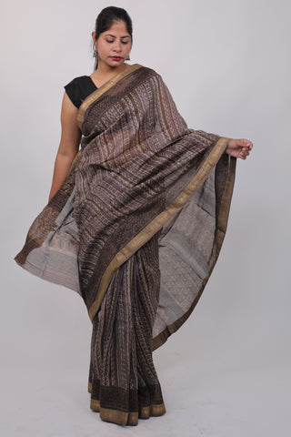 Brown Office Wear Maheshwari Silk Saree with Unstitched Blouse Piece