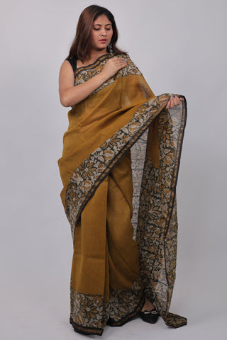 Mustard Chanderi Silk Saree with Unstitched Blouse Piece