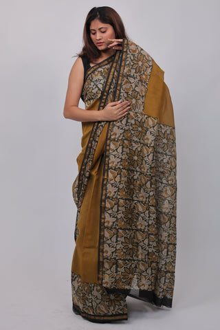 Mustard Chanderi Silk Saree with Unstitched Blouse Piece