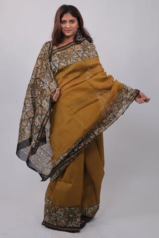 Mustard Chanderi Silk Saree with Unstitched Blouse Piece