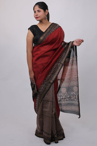 Maroon Maheshwari Silk Half-and-Half Saree with Unstitched Blouse Piece