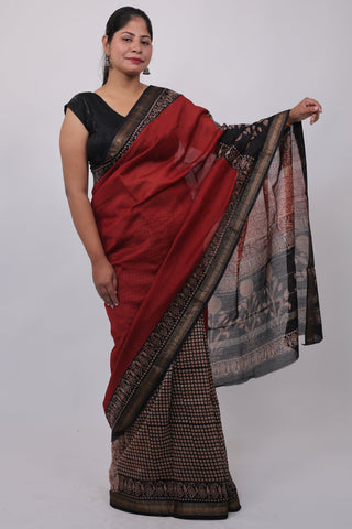 Maroon Maheshwari Silk Half-and-Half Saree with Unstitched Blouse Piece