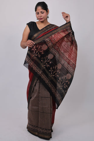 Maroon Maheshwari Silk Half-and-Half Saree with Unstitched Blouse Piece