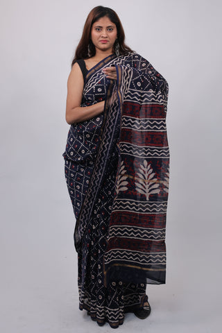 Premium Navy Blue Chanderi Silk Saree with Unstitched Blouse Piece