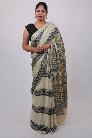 Cream Ajrakh Modal Silk Saree with Unstitched Blouse Piece