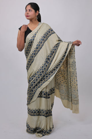 Cream Ajrakh Modal Silk Saree with Unstitched Blouse Piece