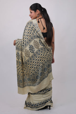 Cream Ajrakh Modal Silk Saree with Unstitched Blouse Piece