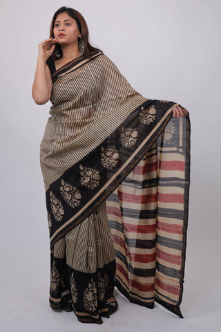 Stripe Patterned Chanderi Silk Saree with Unstitched Blouse Piece