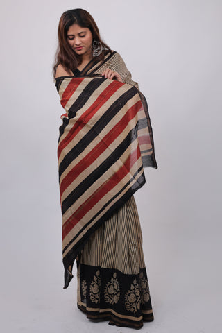 Stripe Patterned Chanderi Silk Saree with Unstitched Blouse Piece