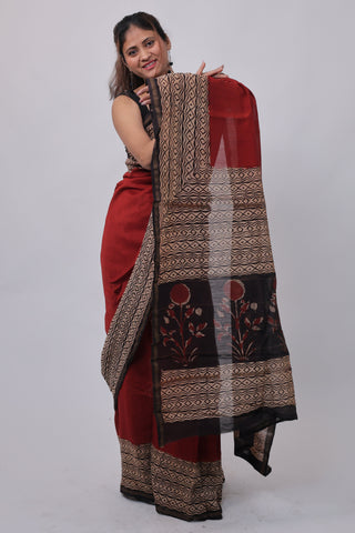 Premium Red Chanderi Silk Saree with Unstitched Blouse Piece