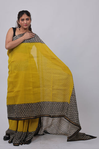 Premium Bright Yellow Chanderi Silk Saree with Unstitched Blouse Piece