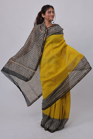 Premium Bright Yellow Chanderi Silk Saree with Unstitched Blouse Piece