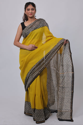 Premium Bright Yellow Chanderi Silk Saree with Unstitched Blouse Piece