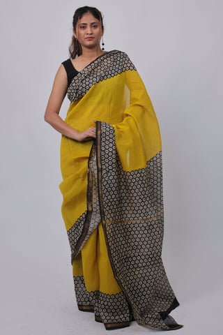 Premium Bright Yellow Chanderi Silk Saree with Unstitched Blouse Piece