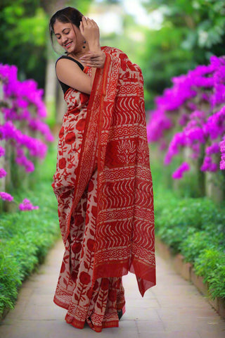 Premium Red Chanderi Silk Saree with Unstitched Blouse Piece