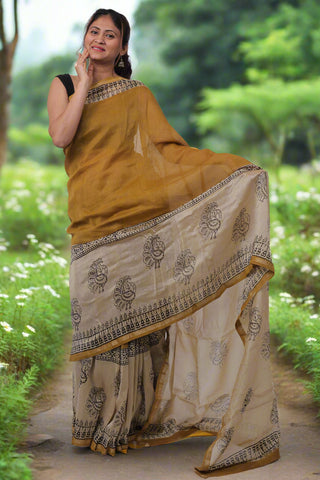 Mustard Chanderi Silk Saree with Unstitched Blouse Piece