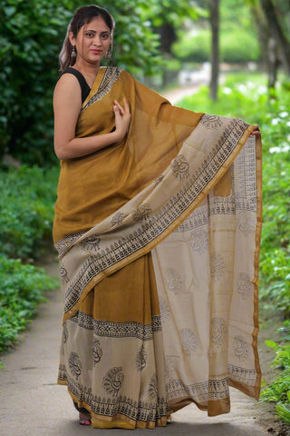 Mustard Chanderi Silk Saree with Unstitched Blouse Piece