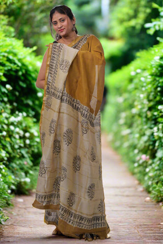 Mustard Chanderi Silk Saree with Unstitched Blouse Piece