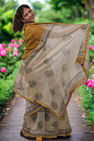 Mustard Chanderi Silk Saree with Unstitched Blouse Piece