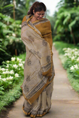 Mustard Chanderi Silk Saree with Unstitched Blouse Piece