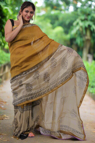 Mustard Chanderi Silk Saree with Unstitched Blouse Piece