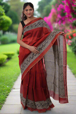 Red Chanderi Silk Saree with Unstitched Blouse Piece