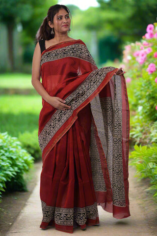 Red Chanderi Silk Saree with Unstitched Blouse Piece