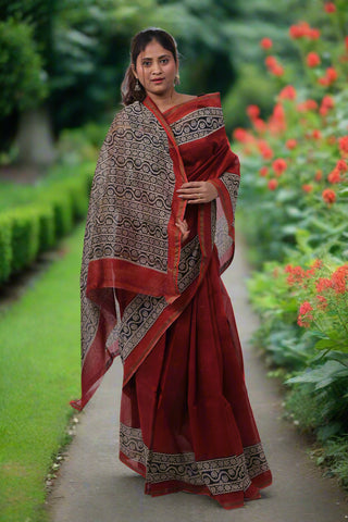 Red Chanderi Silk Saree with Unstitched Blouse Piece