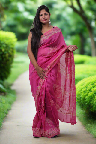 Pink Chanderi Silk Saree with Unstitched Blouse Piece