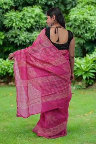 Pink Chanderi Silk Saree with Unstitched Blouse Piece