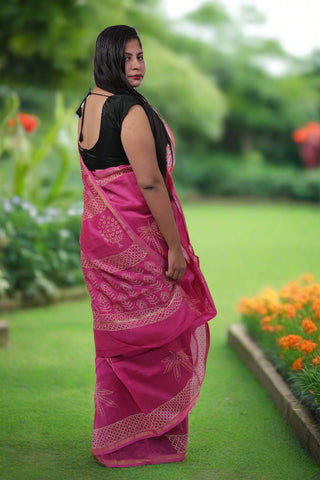 Pink Chanderi Silk Saree with Unstitched Blouse Piece