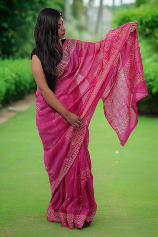 Pink Chanderi Silk Saree with Unstitched Blouse Piece