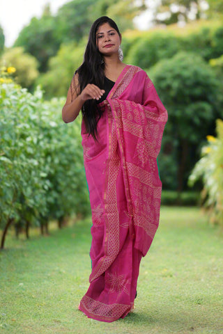 Pink Chanderi Silk Saree with Unstitched Blouse Piece