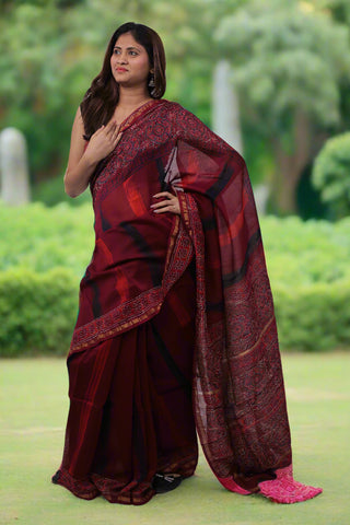 Maroon Chanderi Silk Saree with Unstitched Blouse Piece