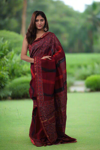 Maroon Chanderi Silk Saree with Unstitched Blouse Piece