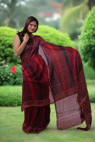 Maroon Chanderi Silk Saree with Unstitched Blouse Piece