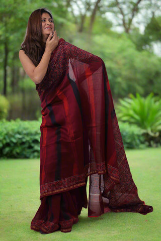 Maroon Chanderi Silk Saree with Unstitched Blouse Piece