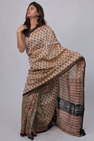 Cream Half-and-Half Chanderi Silk Saree with Unstitched Blouse Piece