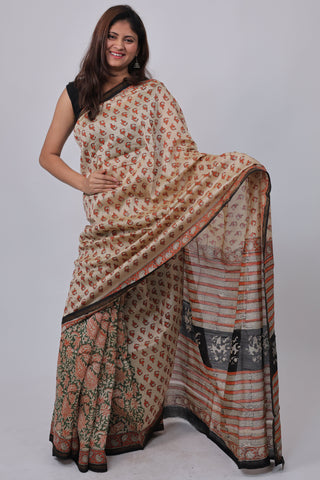 Cream Half-and-Half Chanderi Silk Saree with Unstitched Blouse Piece