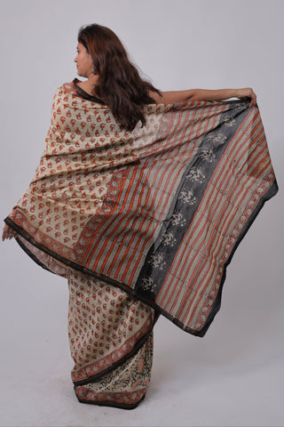 Cream Half-and-Half Chanderi Silk Saree with Unstitched Blouse Piece