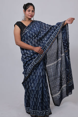 Premium Blue Chanderi Silk Saree with Unstitched Blouse Piece