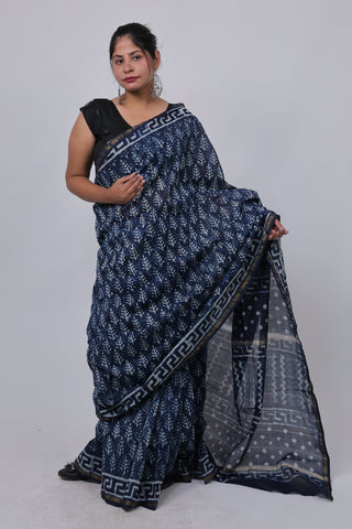 Premium Blue Chanderi Silk Saree with Unstitched Blouse Piece