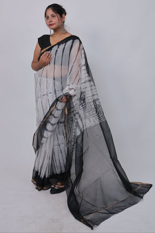 Shibori Tie & Dye White Kota Doria Cotton Saree with Unstitched Blouse Piece