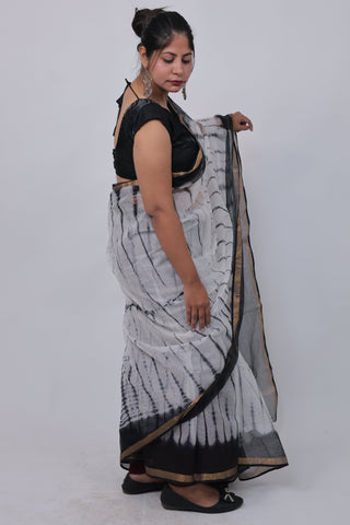 Shibori Tie & Dye White Kota Doria Cotton Saree with Unstitched Blouse Piece