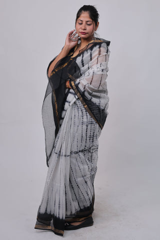 Shibori Tie & Dye White Kota Doria Cotton Saree with Unstitched Blouse Piece