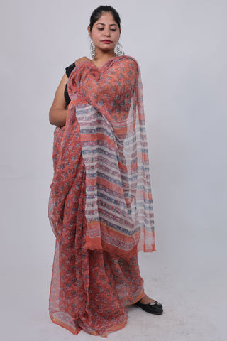 Handblock Print Kota Doria Cotton Saree with Unstitched Blouse Piece