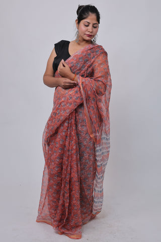 Handblock Print Kota Doria Cotton Saree with Unstitched Blouse Piece