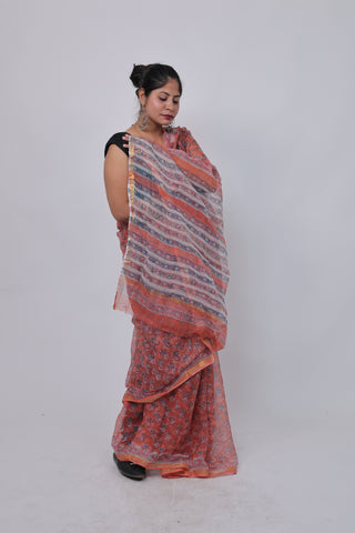 Handblock Print Kota Doria Cotton Saree with Unstitched Blouse Piece