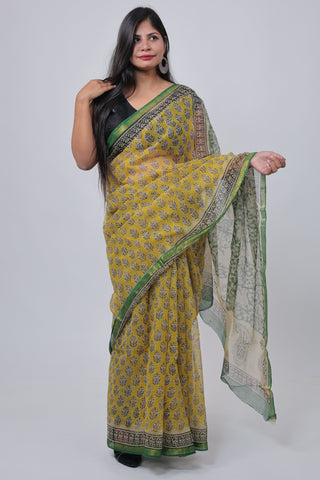 Yellow Hand Block Printed Kota Doria Cotton Saree with Unstitched Blouse Piece