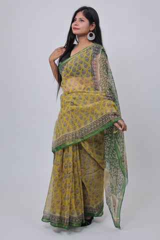 Yellow Hand Block Printed Kota Doria Cotton Saree with Unstitched Blouse Piece